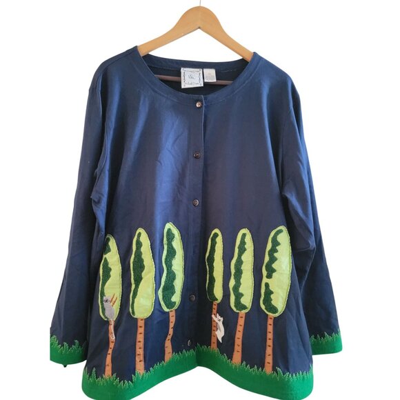 Michael Simon Lite Blue Cardigan Plus size 1X Forest Animals - Picture 1 of 9
